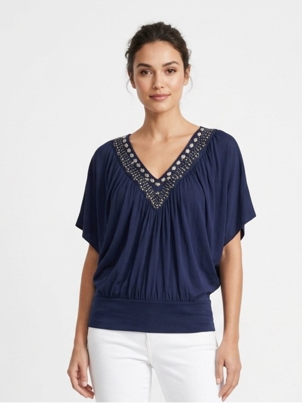 WHBM Navy Blue Embellished V Neck Batwing Blouson Banded Top XXS EUC $78